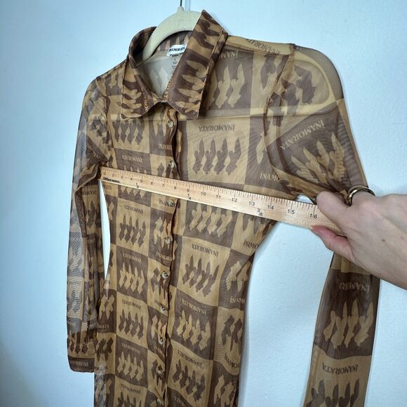 Inamorata Riviera Brown Check Mesh Dress Long Sleeve Button Up Mini Dress S - Picture 11 of 13